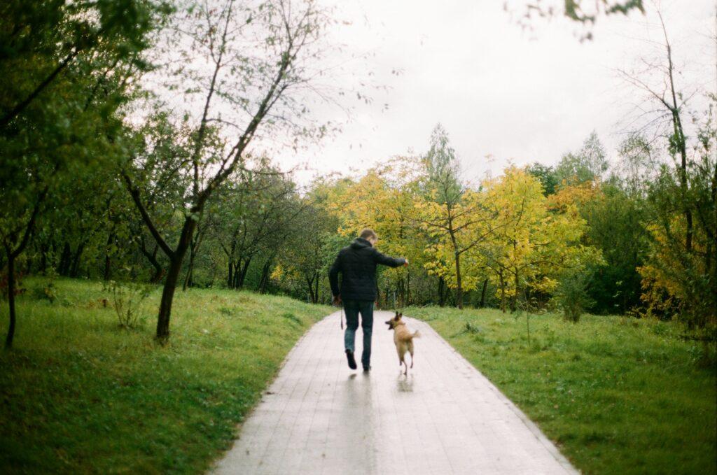 Hombre paseando con su perro por un camino rodeado de árboles